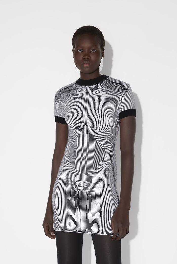 Jean Paul Gaultier La Robe Courte Jacquard Morphing Pinstripes Blanc