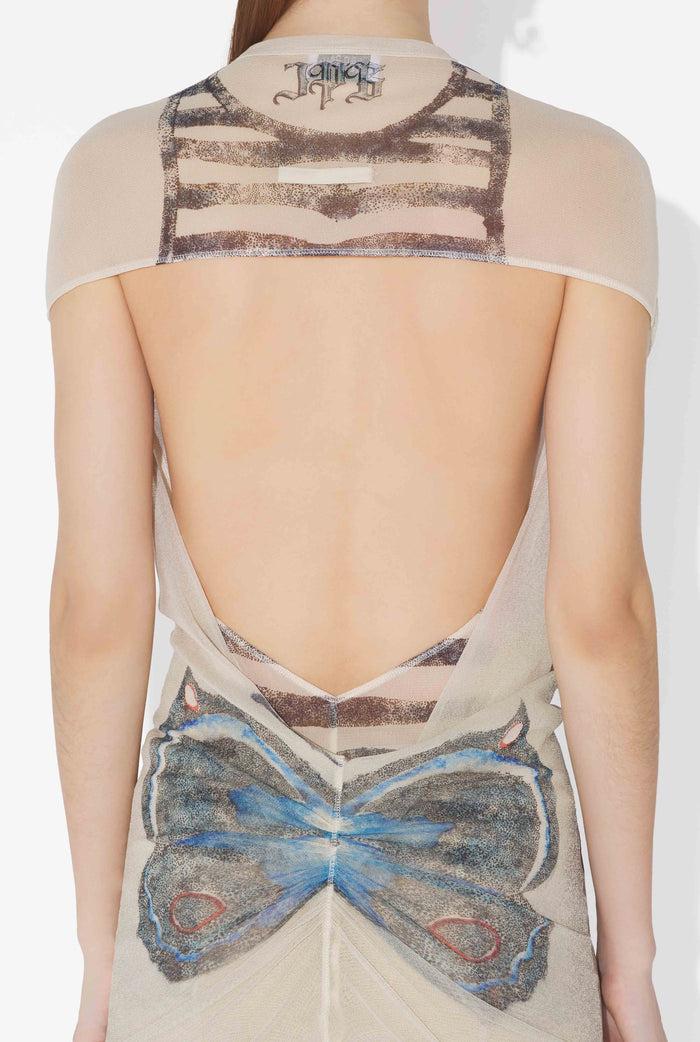 Jean Paul Gaultier La Robe Courte Tattoo Rose And Bird Écru