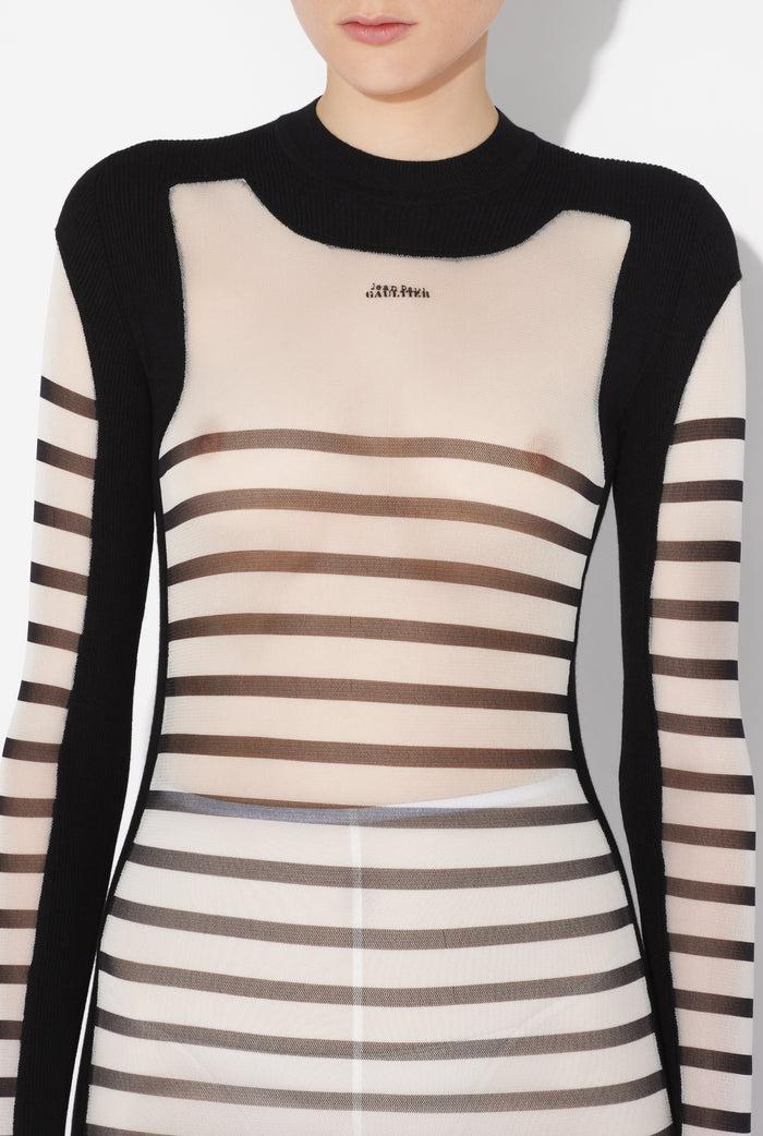 Jean Paul Gaultier La Robe Longue Bi-Matière Marinière Blanc