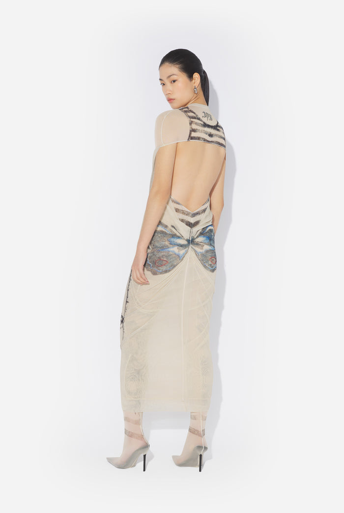 Jean Paul Gaultier La Robe Longue Tattoo Rose And Bird Écru