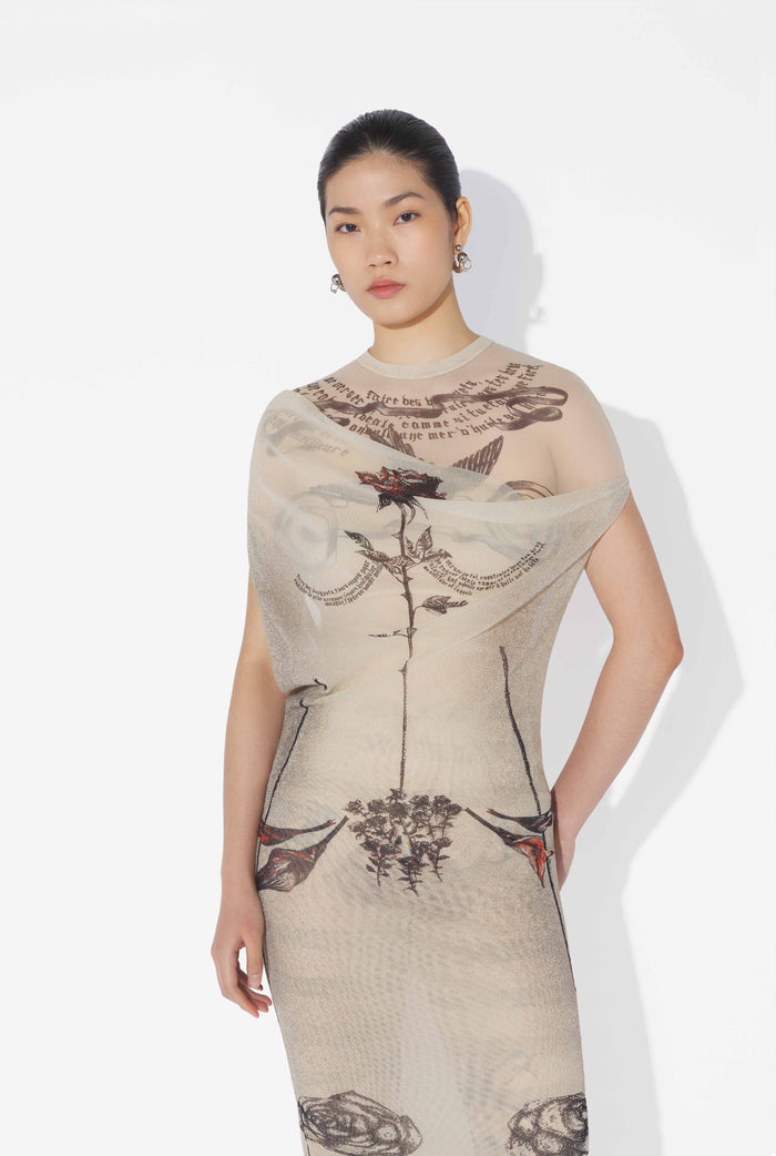 Jean Paul Gaultier La Robe Longue Tattoo Rose And Bird Écru