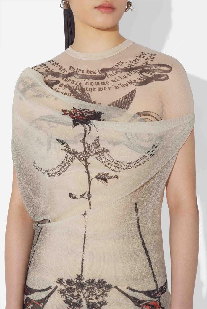 Jean Paul Gaultier La Robe Longue Tattoo Rose And Bird Écru