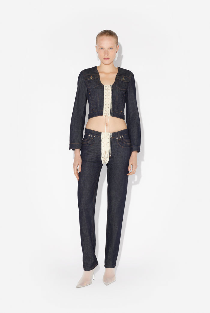 jean paul gaultier La Veste Denim à Lacets Contrastée Indigo