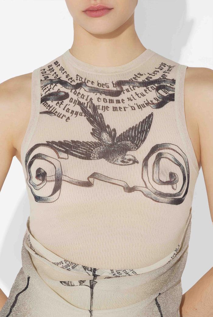Jean Paul Gaultier Le Débardeur Tattoo Rose And Bird Écru