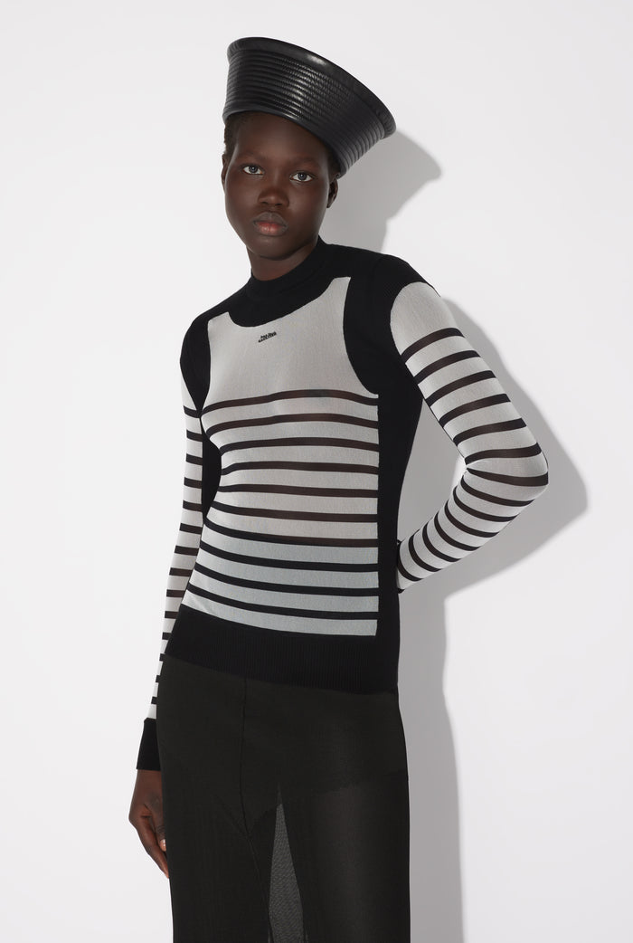 Jean Paul Gaultier Le Pull Bi-Matière Marinière Blanc