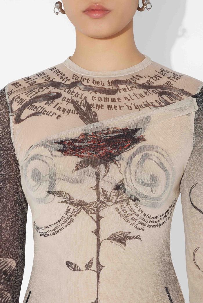 Jean Paul Gaultier Le Top Tattoo Rose And Bird Écru