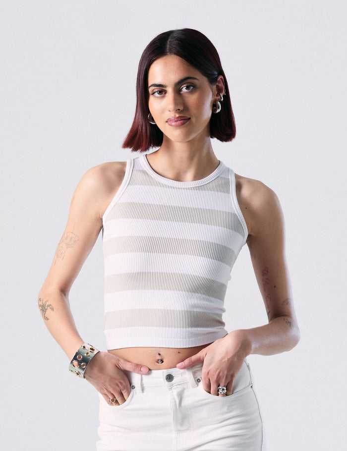 jennyfer Débardeur en maille côtelée à rayures pierre