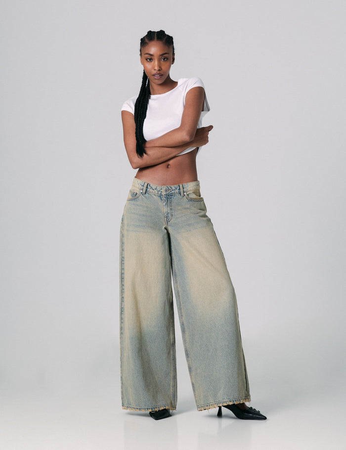 jennyfer Jean maxi wide leg taille basse bords francs bleu ciel