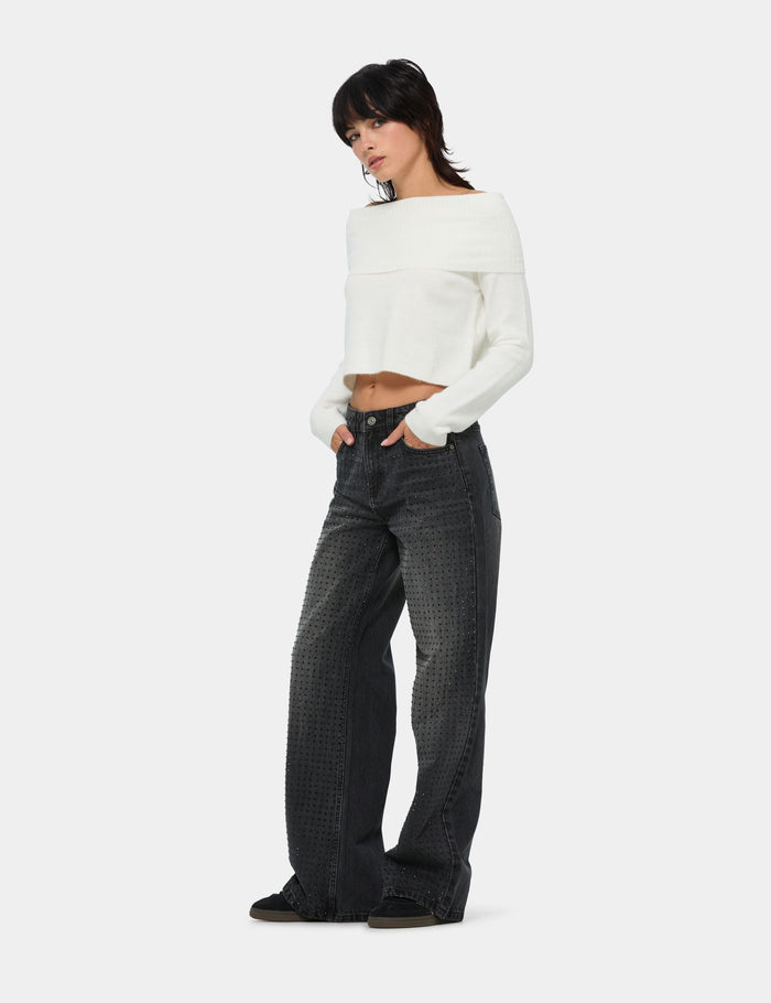 jennyfer Jean à strass Wide Leg taille médium noir