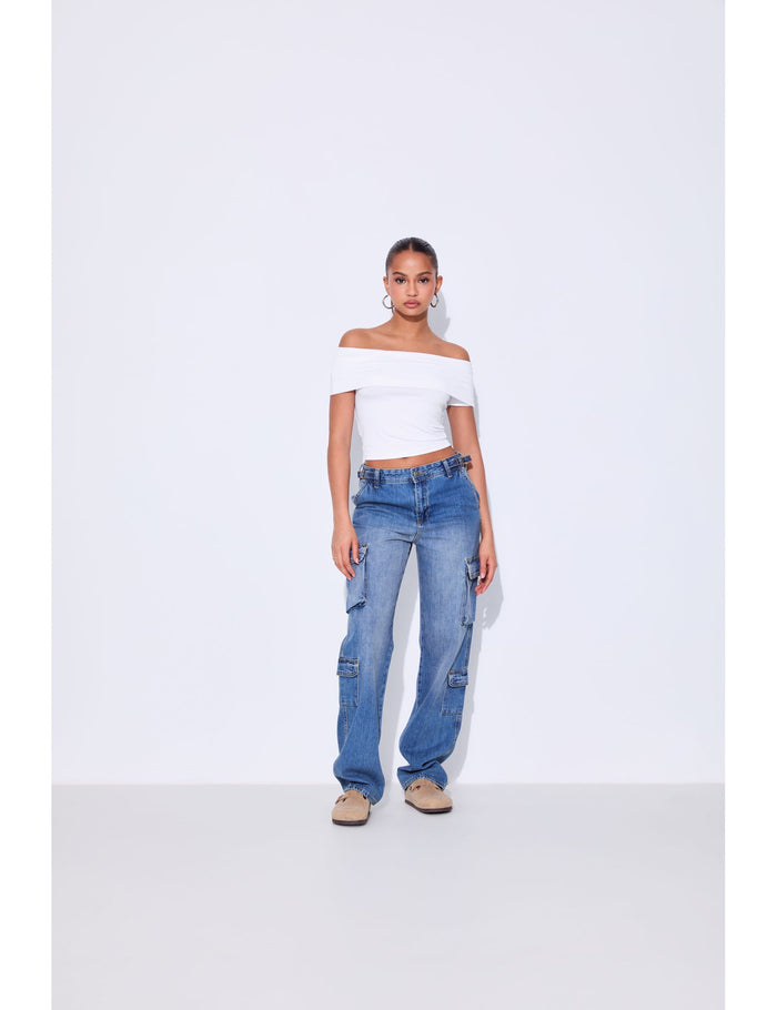 jennyfer Jean cargo taille haute bleu