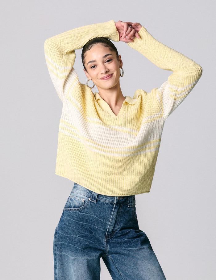 jennyfer Maille à col V et rayures vanille