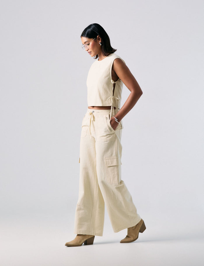 jennyfer Pantalon cargo en lin beige clair