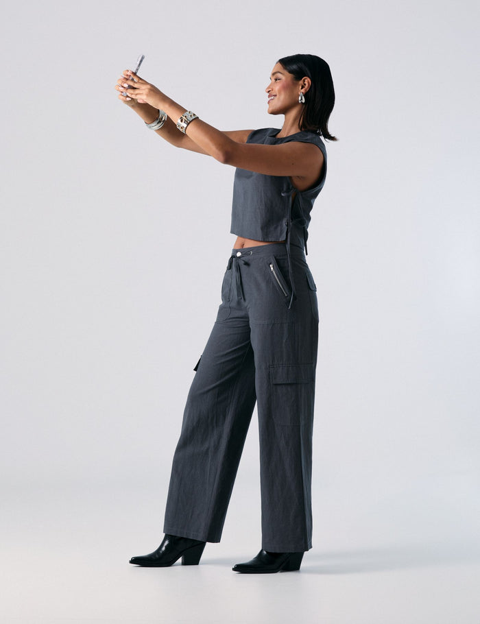 jennyfer Pantalon cargo en lin gris foncé