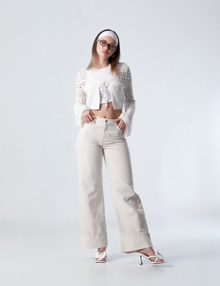 jennyfer Pantalon Wide leg taille basse sable