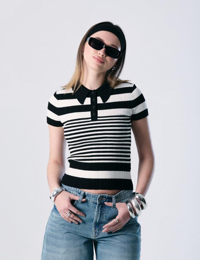 jennyfer Polo à rayures noir et blanc