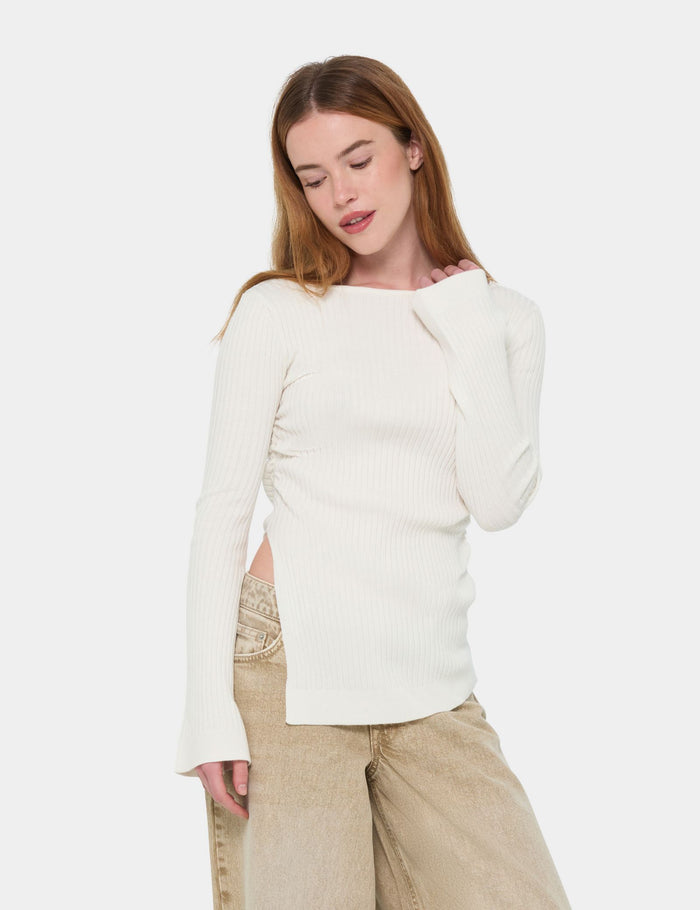jennyfer Pull côtelé à fronces écru
