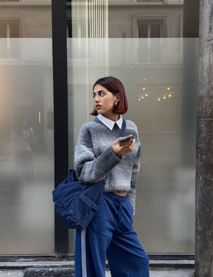 jennyfer Pull court en maille bouclée bleu gris