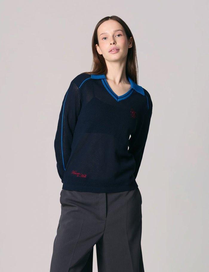 jennyfer Pull polo à crochet bleu marine