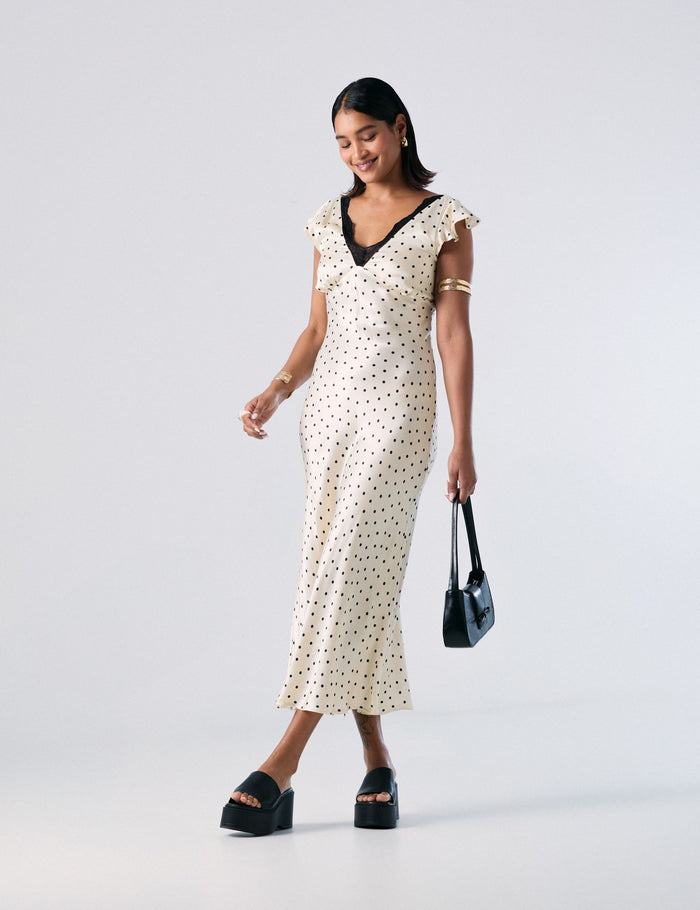 jennyfer Robe longue satin à pois blanche et noir