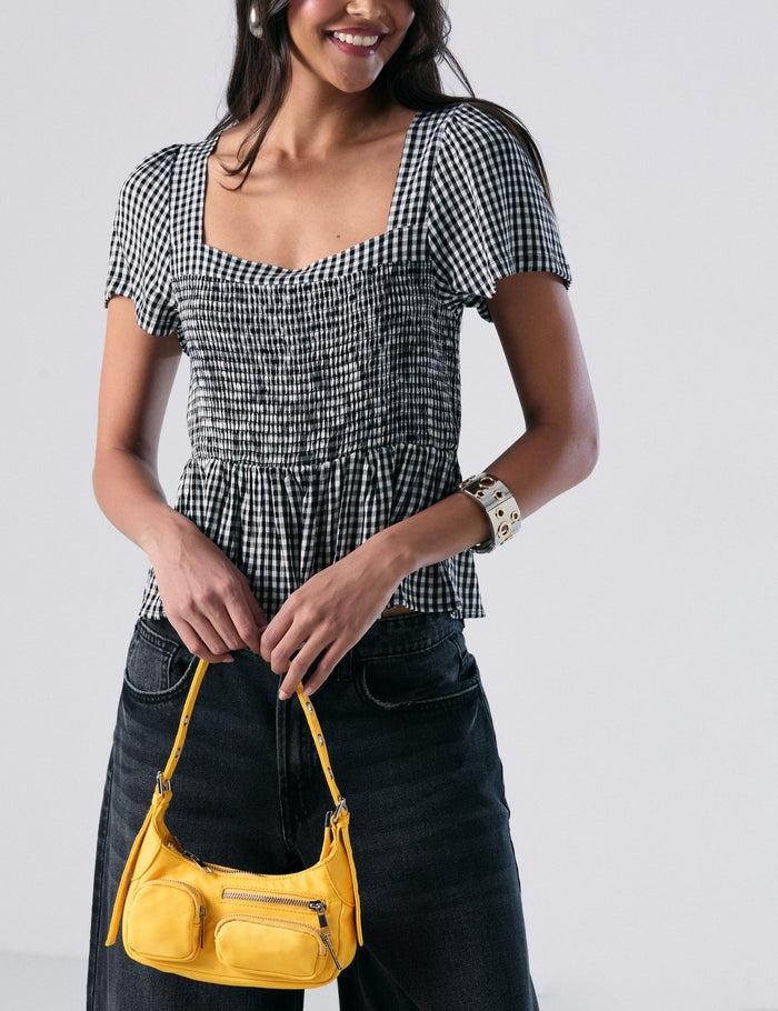 jennyfer Top col bardot Vichy noir et blanc