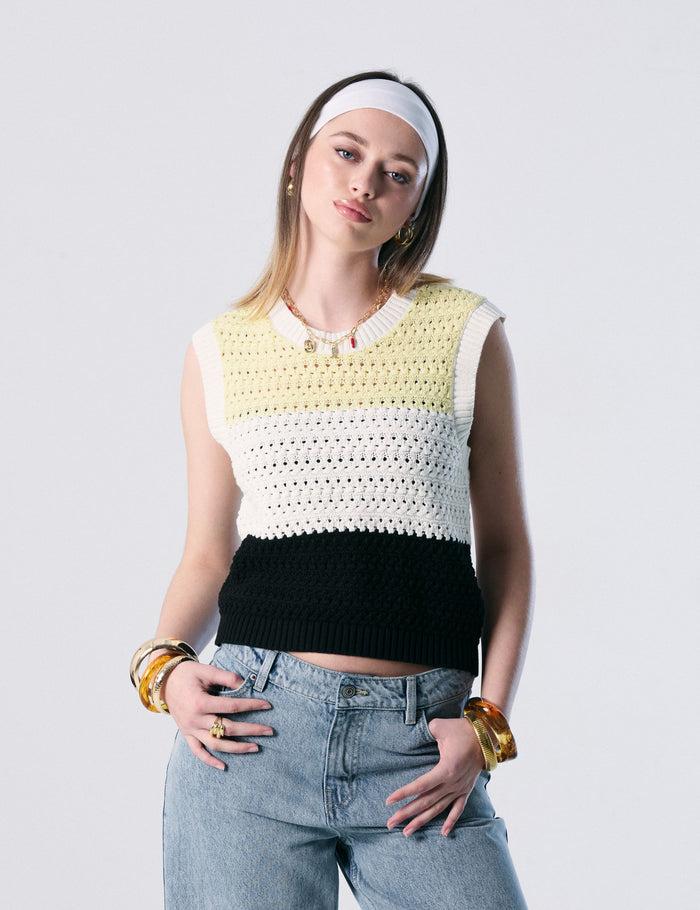 jennyfer Maille sans manche ajourée blanc jaune et noir