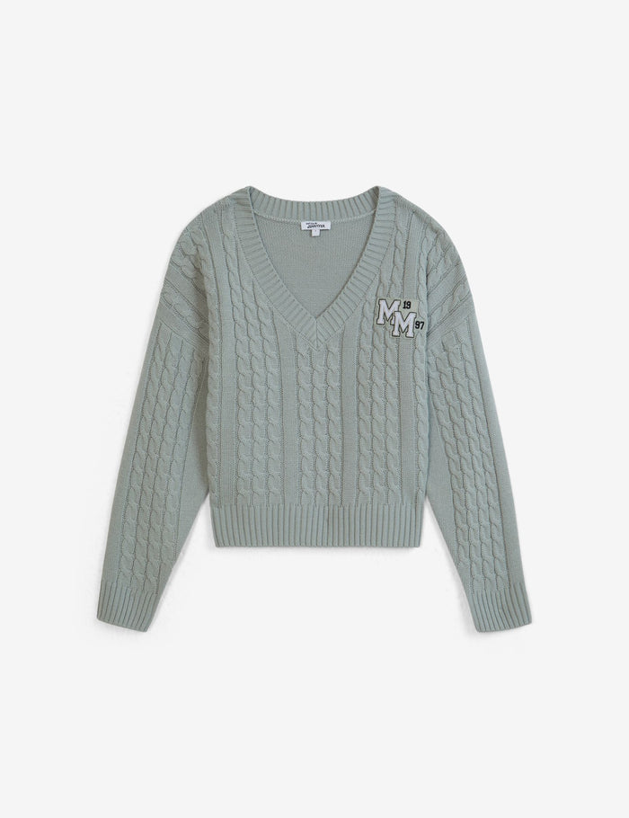 jennyfer Pull en maille tressée avec message brodé vert clair