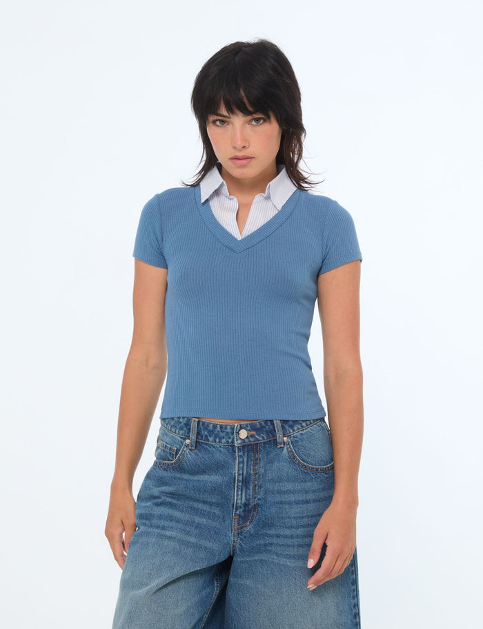 jennyfer T-shirt avec doublure chemise bleu ardoise