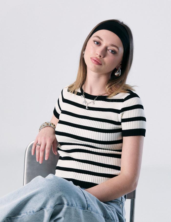 jennyfer T-shirt en maille côtelée sable à rayures noires