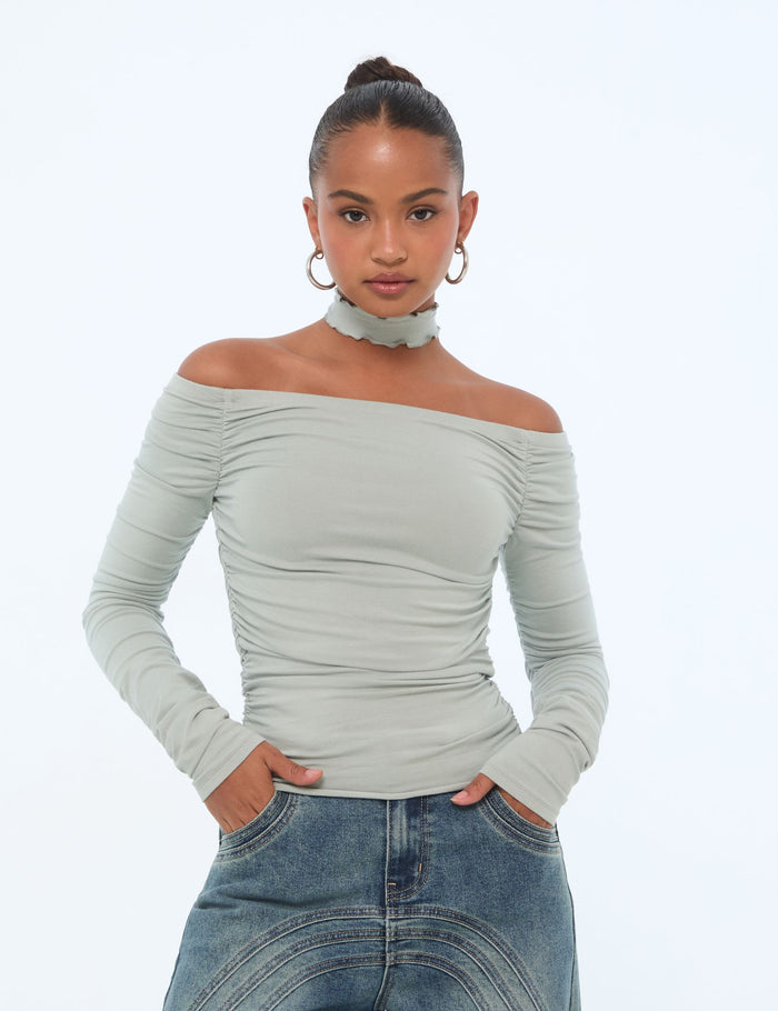 jennyfer T-shirt vert clair avec fronces et liens à nouer dans le cou