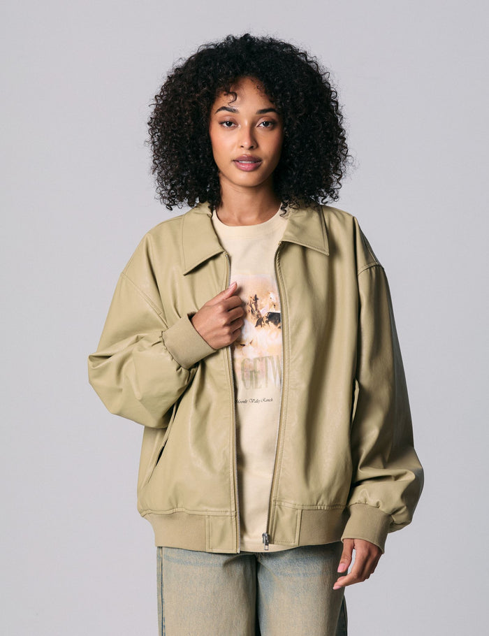 jennyfer Veste bombers en matière enduite beige kaki
