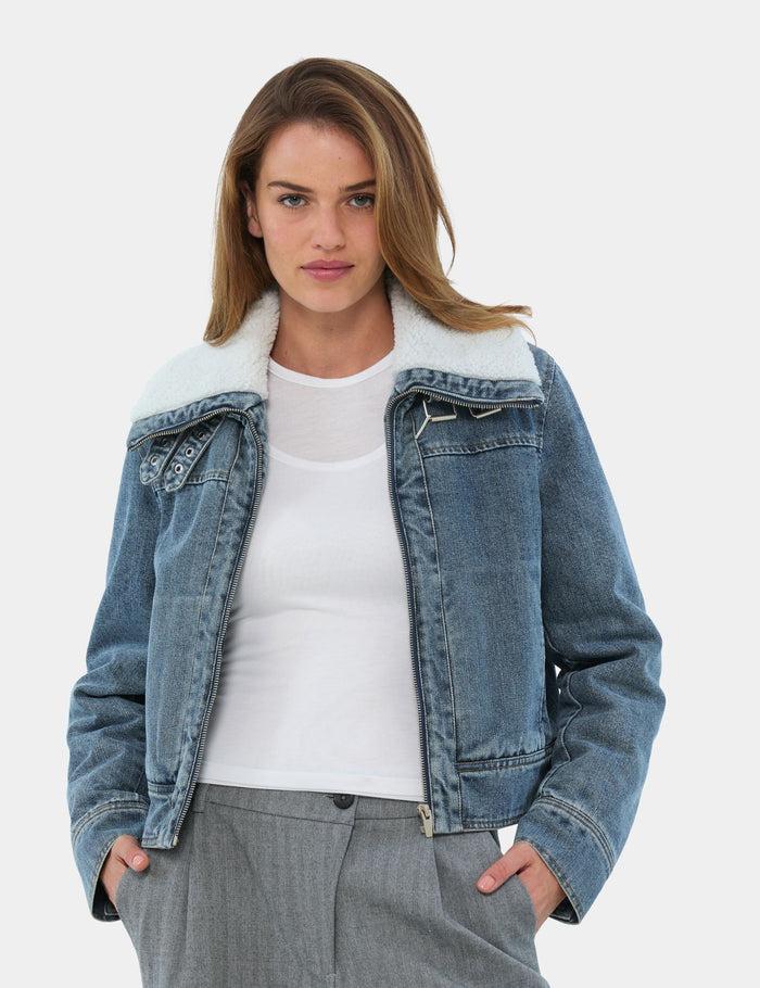 jennyfer Veste en jean avec fausse fourrure intérieur bleue