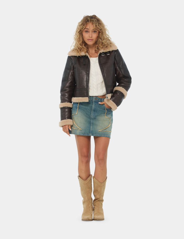 jennyfer Veste en matière enduite avec fausse fourrure intérieur marron