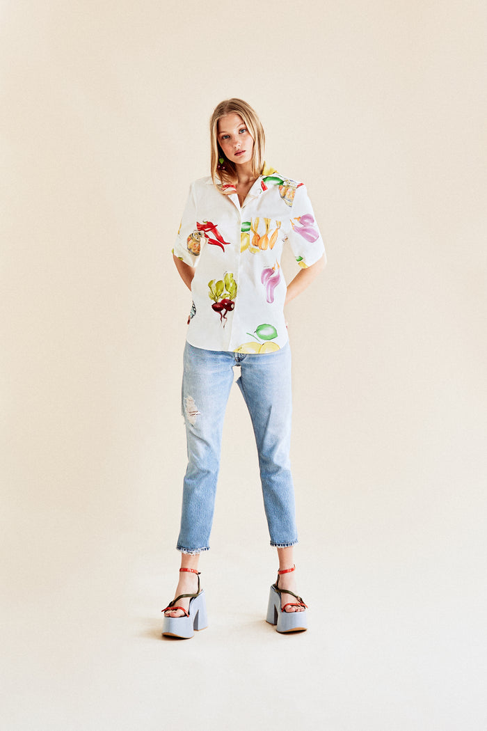 Jour Né Chemise à Imprimé Légumes Méditerranéen Ivoire
