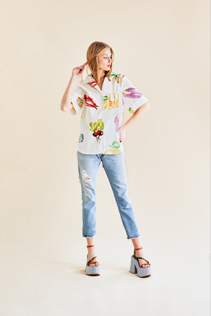 Jour Né Chemise à Imprimé Légumes Méditerranéen Ivoire