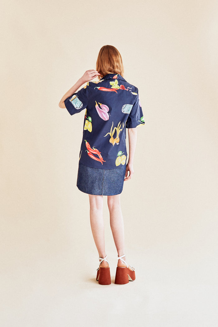 Jour Né Chemise à Imprimé Légumes Méditerranéen Navy