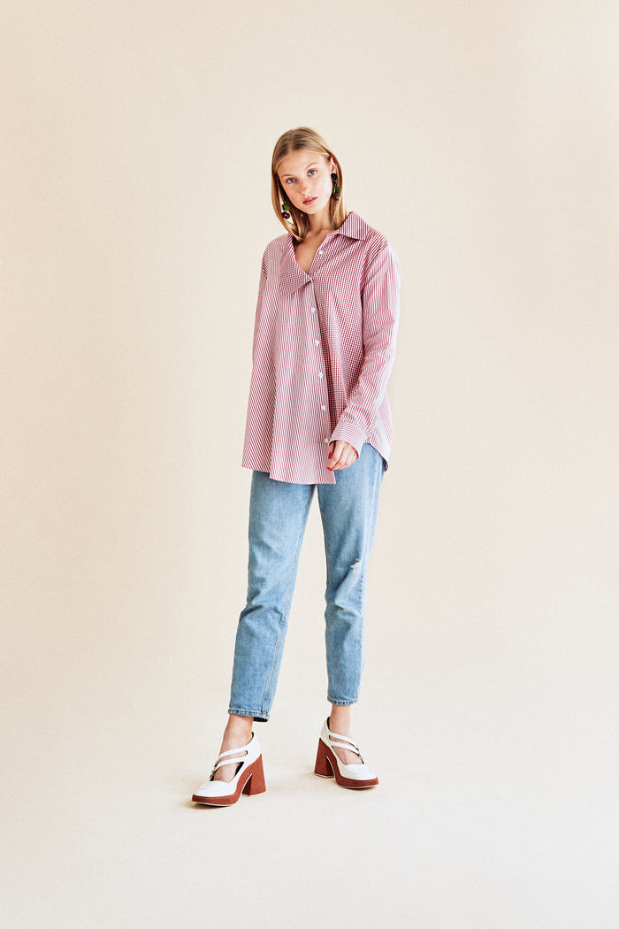 Jour Né Chemise Asymétrique Vichy Rouge