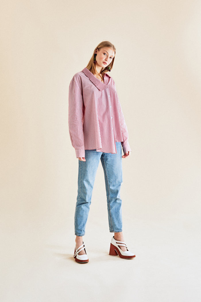 Jour Né Chemise Asymétrique Vichy Rouge