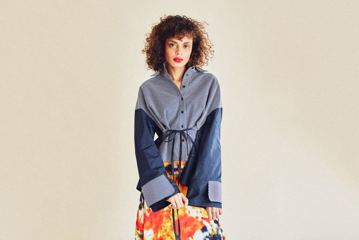 Jour Né Chemise Bi-matière à Plis Navy
