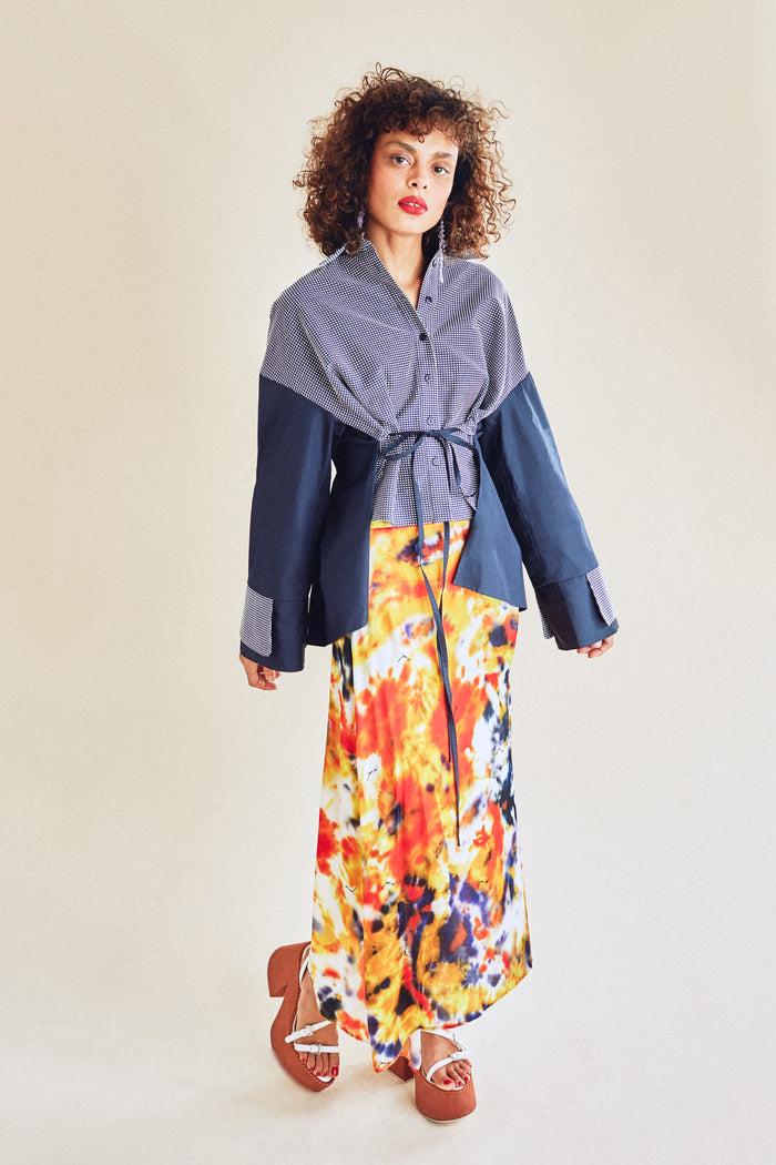 Jour Né Chemise Bi-matière à Plis Navy