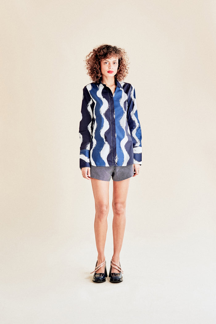 Jour Né Chemise En Popeline à Imprimé Vagues Bleue