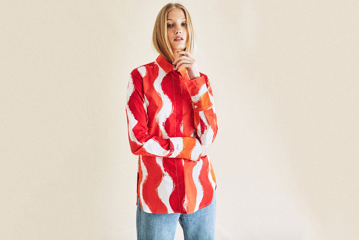 Jour Né Chemise En Popeline à Imprimé Vagues Rouge