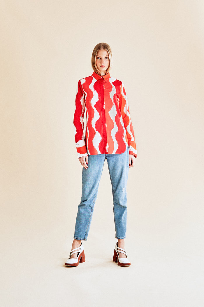 Jour Né Chemise En Popeline à Imprimé Vagues Rouge