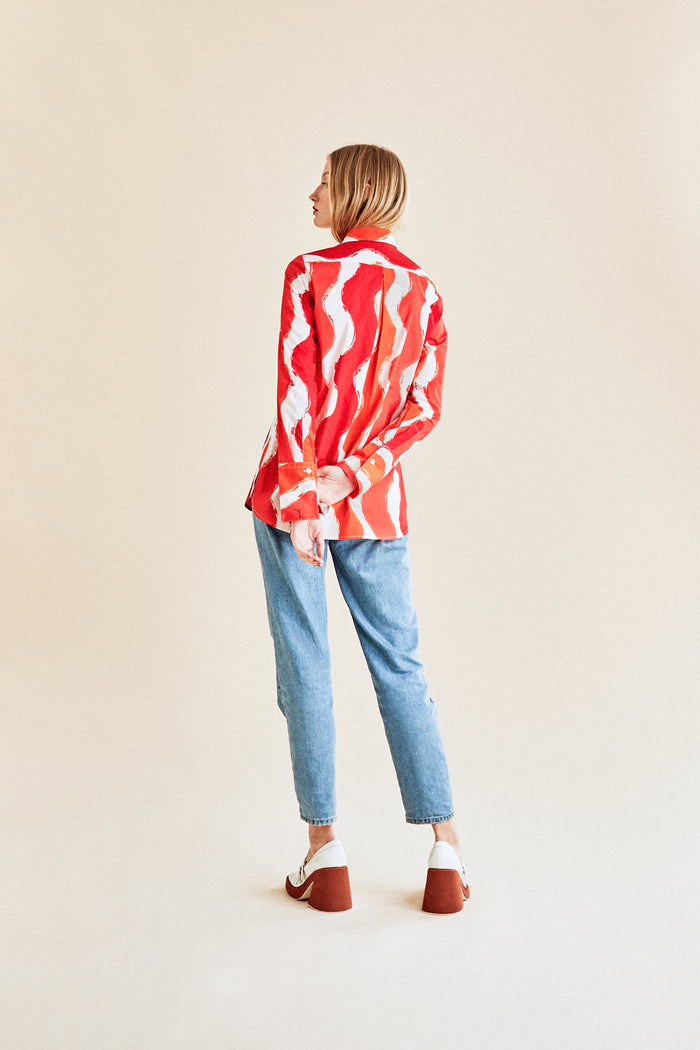 Jour Né Chemise En Popeline à Imprimé Vagues Rouge