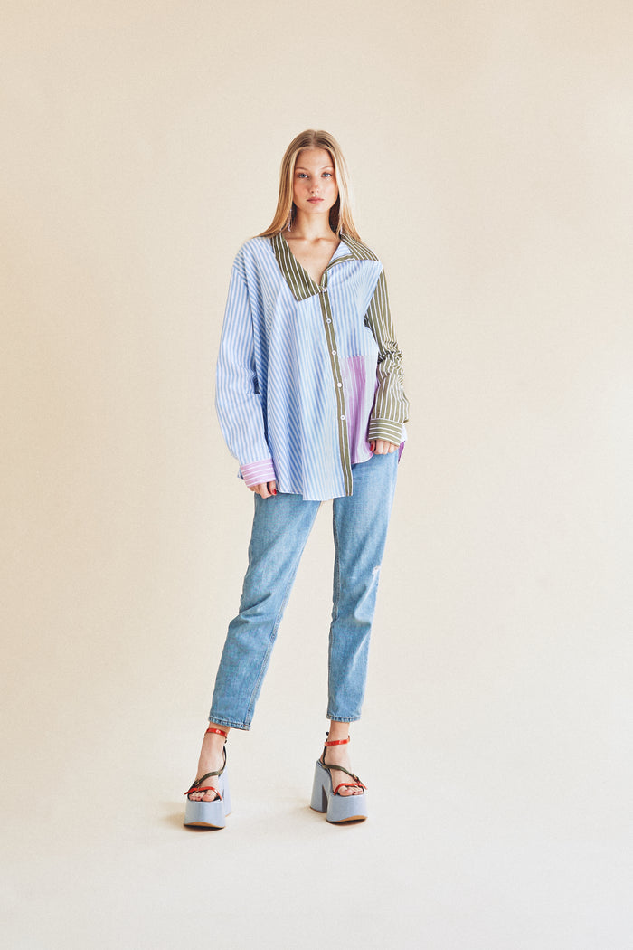 Jour Né Chemise Rayures Patchwork Asymétrique
