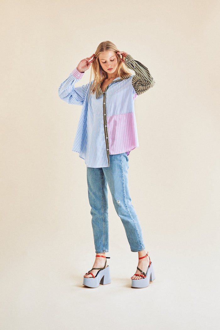 Jour Né Chemise Rayures Patchwork Asymétrique