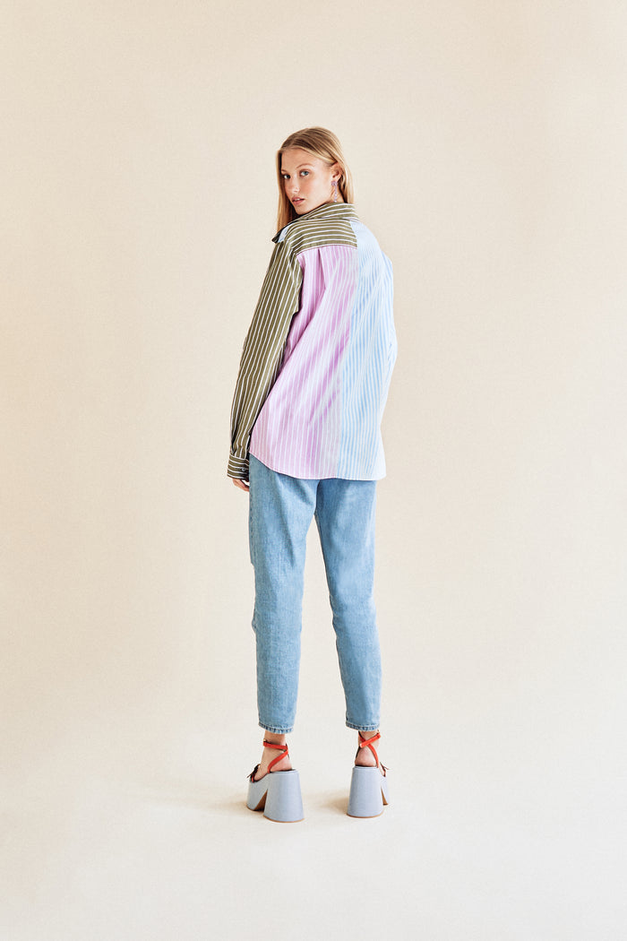 Jour Né Chemise Rayures Patchwork Asymétrique
