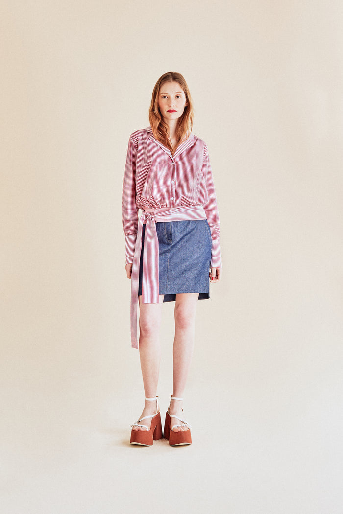 Jour Né Chemise Vichy à Ceinture Rouge