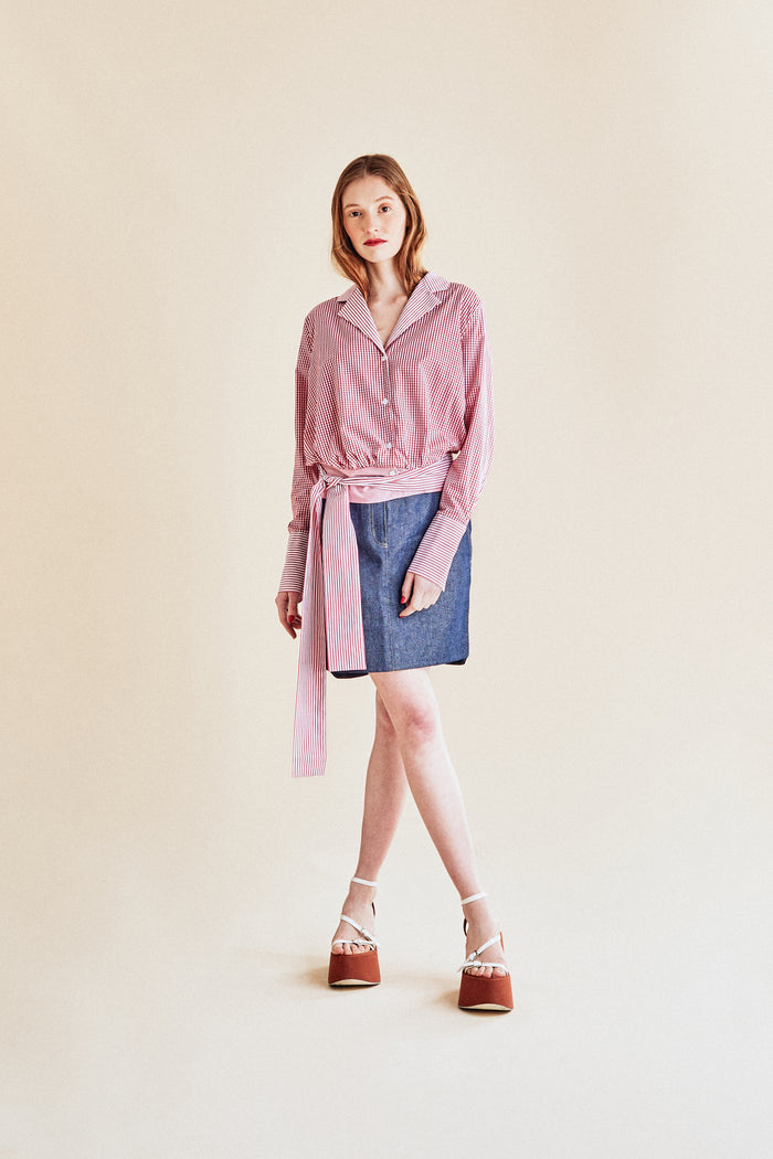 Jour Né Chemise Vichy à Ceinture Rouge