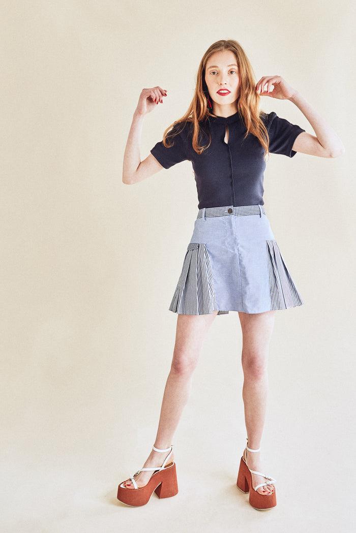 Jour Né Mini Jupe Plissée Vichy Navy