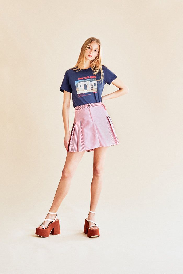 jour né Mini jupe plissée vichy rouge